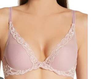 Natori (34D) Feathers Contour Plunge Bra Pink Pearl Lace NWT
